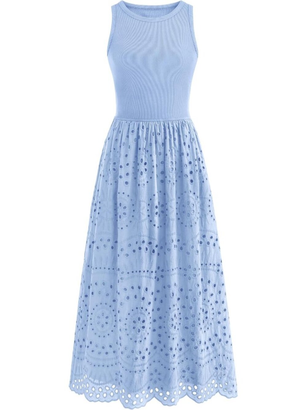 Women's Light Blue Sleeveless Crew Neck Lace Imported A-line Cotton Maxi Dress